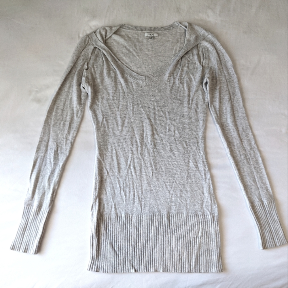 Cache Light Gray Sweater Top Small Ribbed Hemline